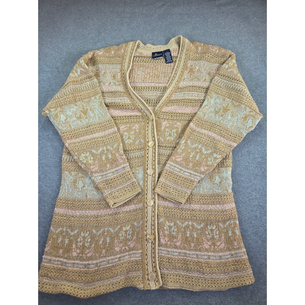 Vintage 90s Lizsport Metallic Knit Longline Cardigan Sweater Large Grandmacore